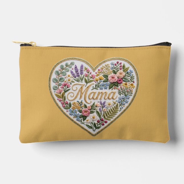 Yellow Floral Faux Embroidery Heart Mama Accessory Pouch (Front)