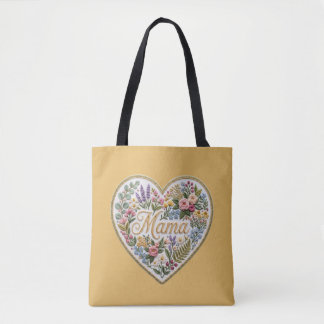 Yellow Floral Faux Embroidery Heart Mama Tote Bag