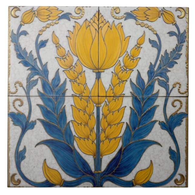 Yellow Floral Form with Blue Leaves Tile (Front)