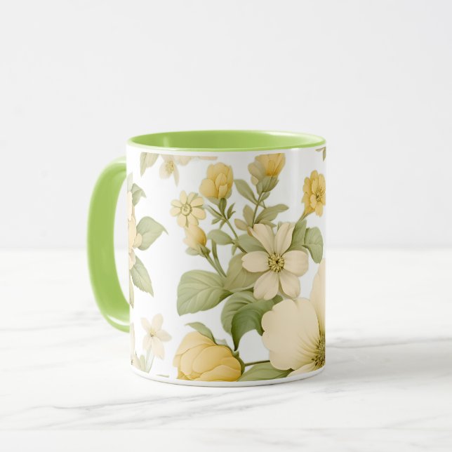Yellow Floral Garden Mug with Green Handle (Front Left)