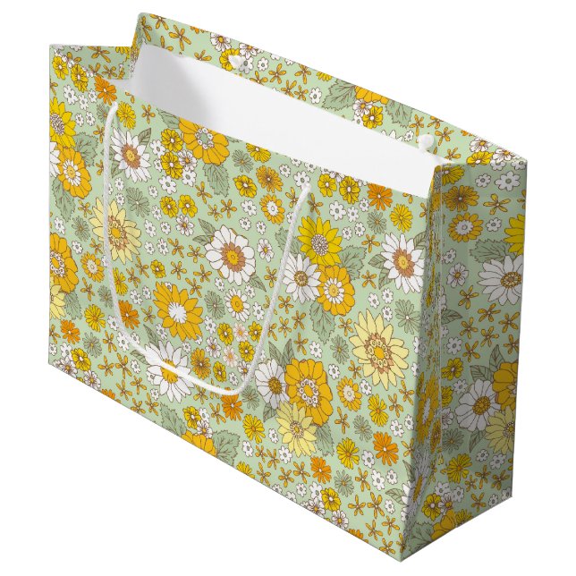 Yellow Floral Garden Pattern Large Gift Bag (Front Angled)