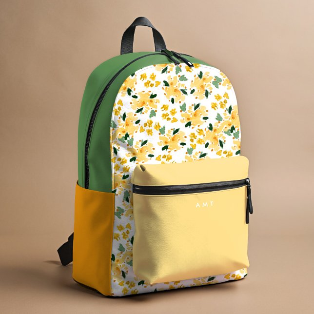Yellow Floral Garden Personalised Name Initial Printed Backpack (Yellow and green watercolor Floral Garden personalized school backpack.)