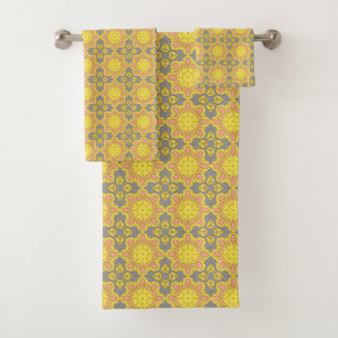 Yellow floral geometric patterned bath towel set