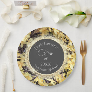 Yellow Floral Glittery Graduation Personalised  Paper Plate