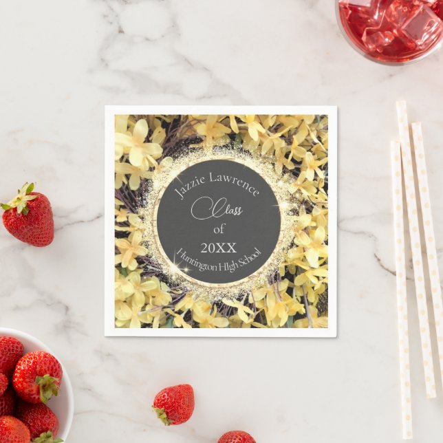 Yellow Floral Glittery Personalised Graduate Napkin (Insitu)