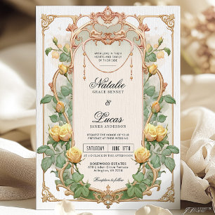 Yellow Floral Gold Art Nouveau Wedding Invitation