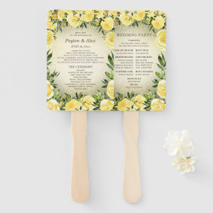 Yellow Floral Gold Glitter Wedding Program Hand Fan
