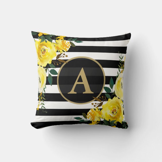 YELLOW FLORAL GOLD Monogram Black White Stripe Cushion (Front)