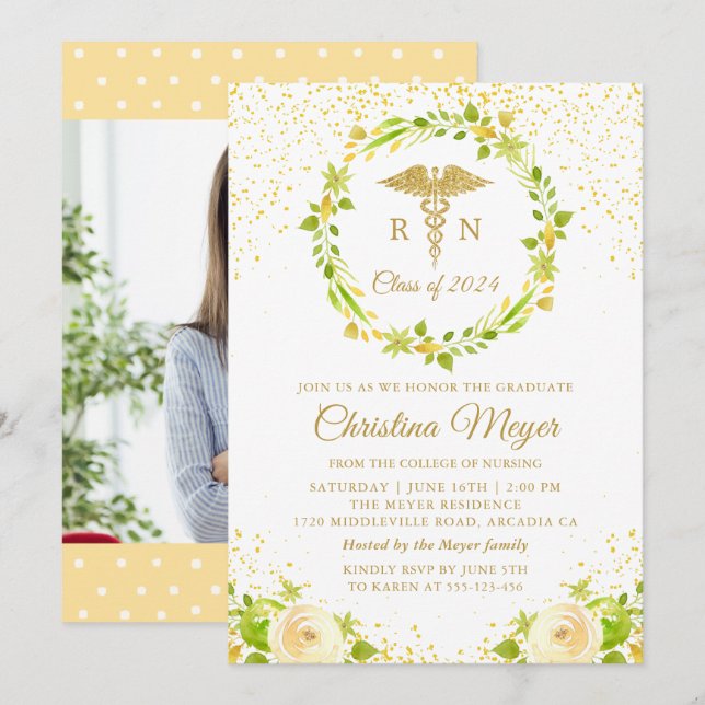 Yellow Floral Gold Nursing Graduation Party Photo Invitation (Front/Back)