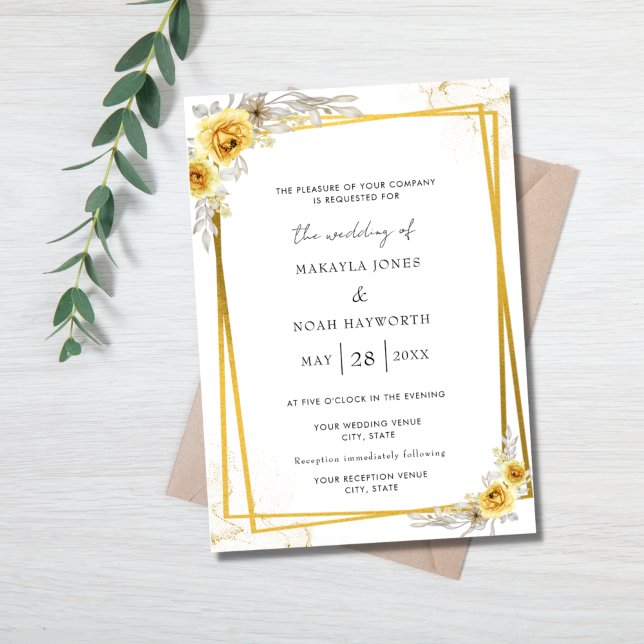 Yellow Floral Gold Simple Wedding  Invitation (Creator Uploaded)