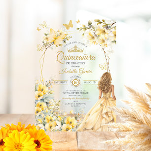 Yellow Floral Golden Tiara Butterflies Quinceañera Acrylic Invitations