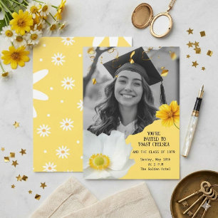 Yellow Floral Graduation Black White photo Invitation