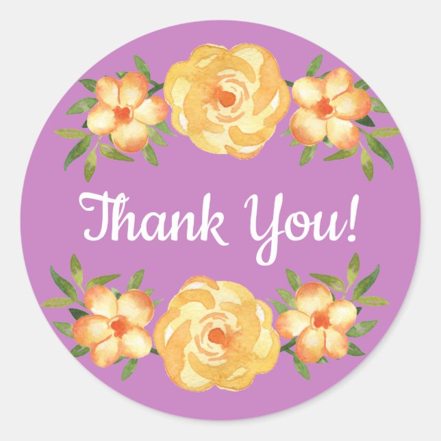 Yellow Floral Green Leaves Purple Thank You Classic Round Sticker (Front)