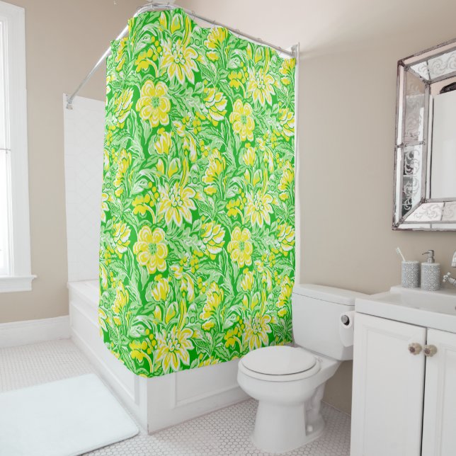 Yellow Floral Green / Preppy Flower Pattern Spring Shower Curtain (In Situ)