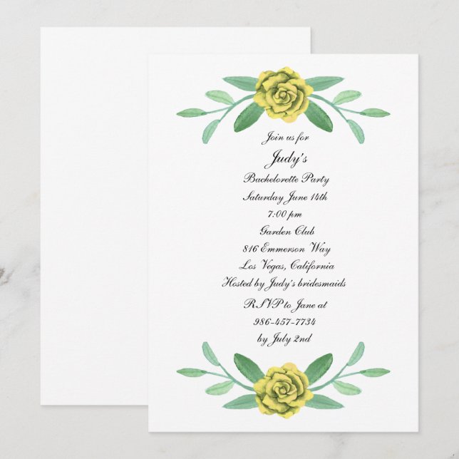 Yellow Floral Greenery Foliage Bachelorette Party Invitation (Front/Back)