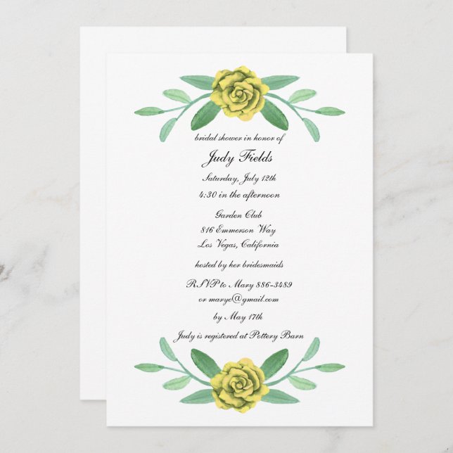 Yellow Floral Greenery Foliage Bridal Shower Invitation (Front/Back)