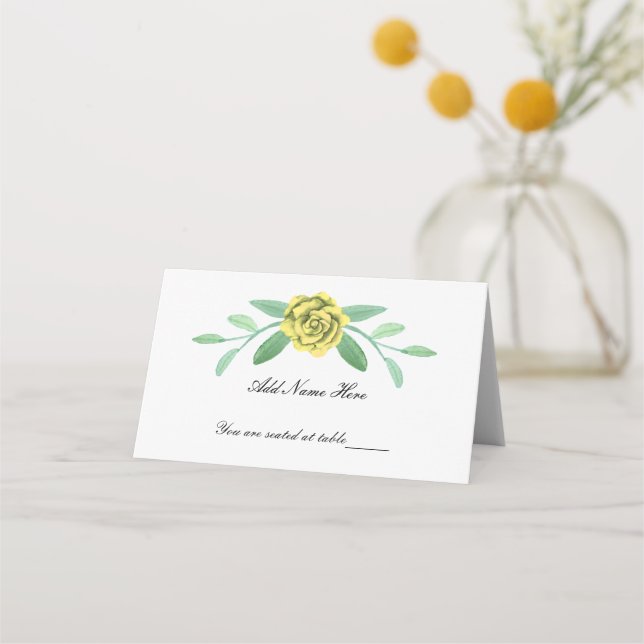 Yellow Floral Greenery Foliage Folded Place Card (Front)