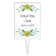 Yellow Floral Greenery Foliage Wedding Cake Topper