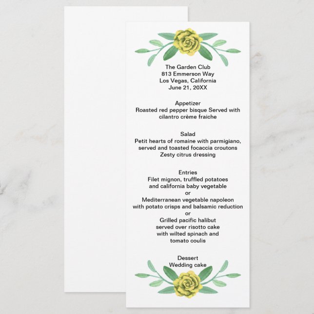 Yellow Floral Greenery Foliage Wedding Menu Card (Front/Back)