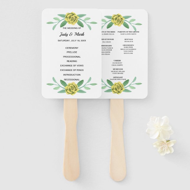 Yellow Floral Greenery Foliage Wedding Program Fan (Front and Back)