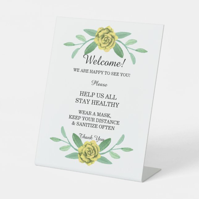 Yellow Floral Greenery Foliage Wedding Safety Pedestal Sign (Front)