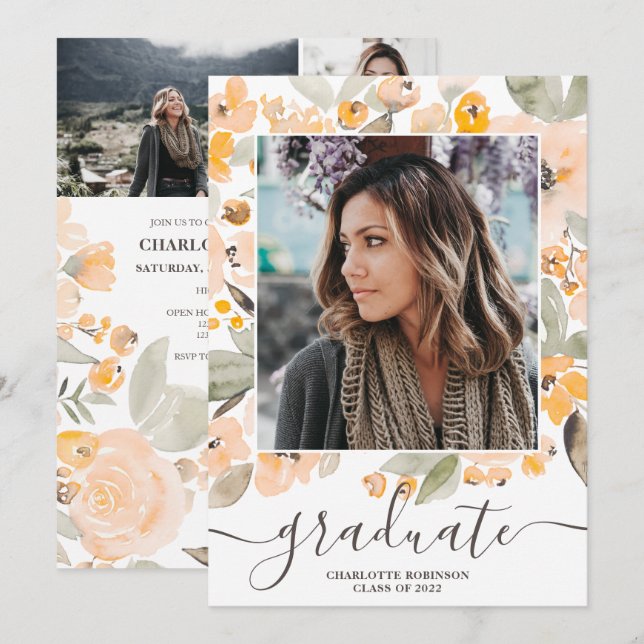 Yellow floral greenery script 3 photos graduation invitation (Front/Back)