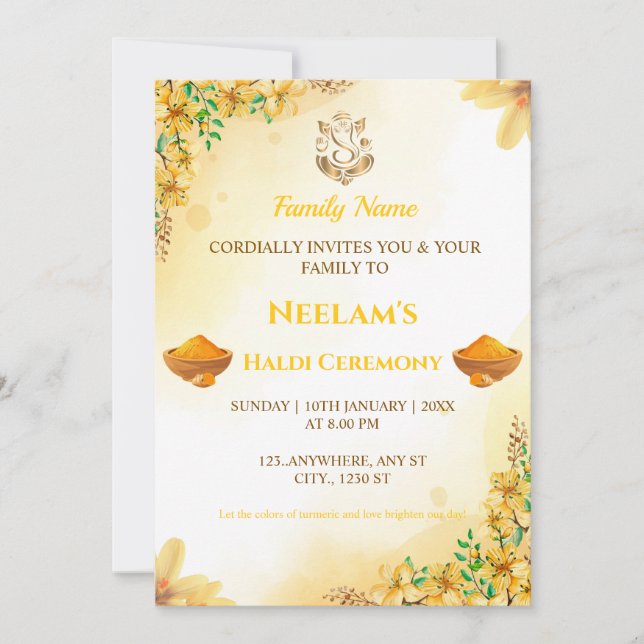 Yellow Floral Haldi Ceremony Invitation (Front)