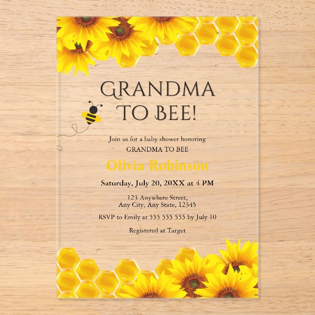 Yellow Floral Honeycomb Grandma to Bee Baby Shower Acrylic Invitations (Front)