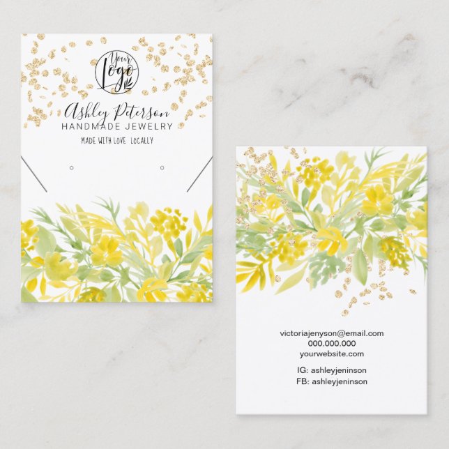 Yellow floral logo gold jewellery earring necklace business card (Front/Back)