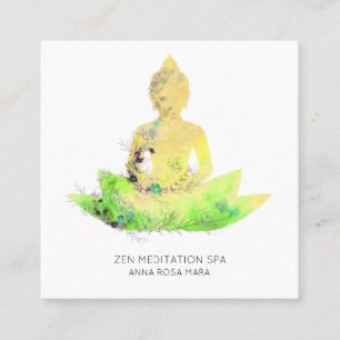 *~* Yellow Floral Lotus Buddha Meditation QR AP33 Square Business Card