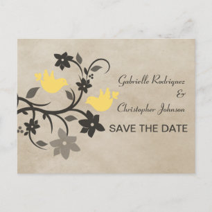 Yellow Floral Lovebirds Save the Date Postcard