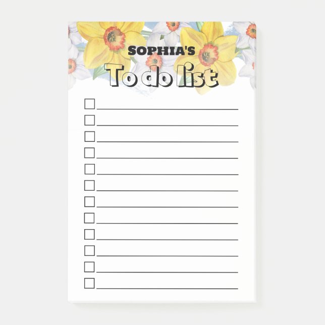 Yellow Floral Name Checkbox Blank To Do List Post-it Notes (Front)