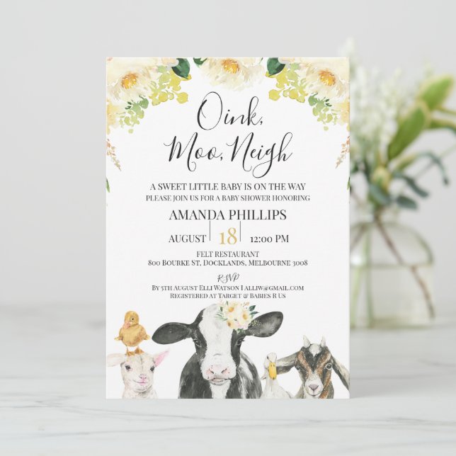 Yellow Floral Oink Moo Neigh Farm Baby Shower Invitation (Standing Front)