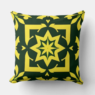 Yellow Floral Ornament on a Green Background Cushion