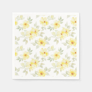 Yellow Floral Paper Napkins, Watercolor Flowers Napkin