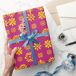 Yellow floral pattern in deep pink wrapping paper