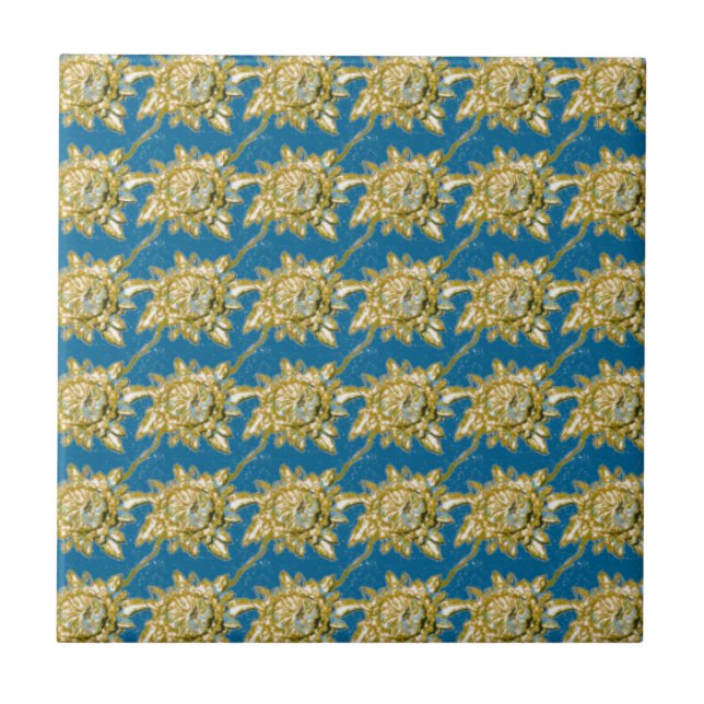 Yellow Floral Pattern on green blue background Tile (Front)