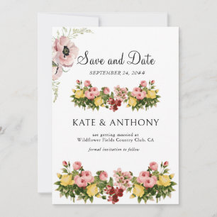 Yellow Floral Pattern Photo Wedding Save The Date Holiday Card