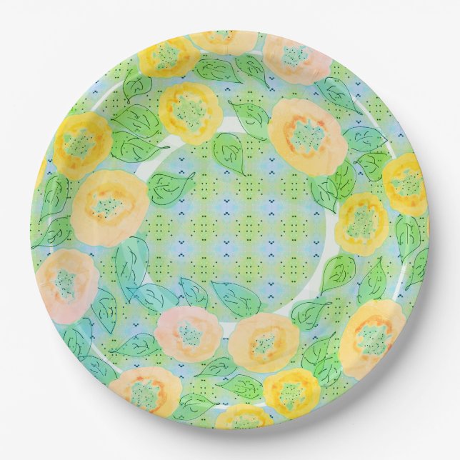 Yellow Floral Patterned Round Paper Plate (Front)