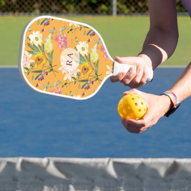 Yellow Floral Personalised Initials Pickleball Paddle (Insitu)