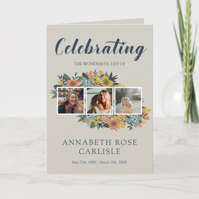 Yellow Floral Photo Collage Funeral Programme (Front)