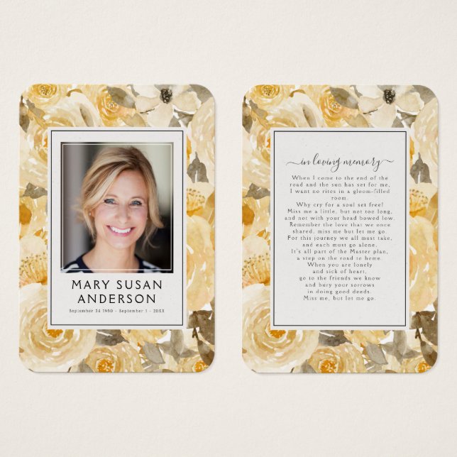Yellow Floral Photo Funeral Memorial Poem Card (Front & Back)
