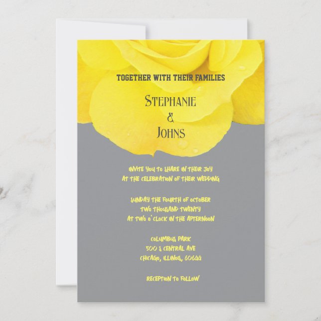 Yellow Floral Rose Elegant Grey Grey 2025 Wedding  Invitation (Front)