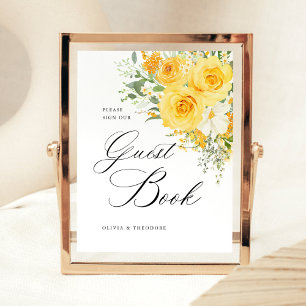 Yellow Floral Rose Guest Book Wedding Table Pedestal Sign