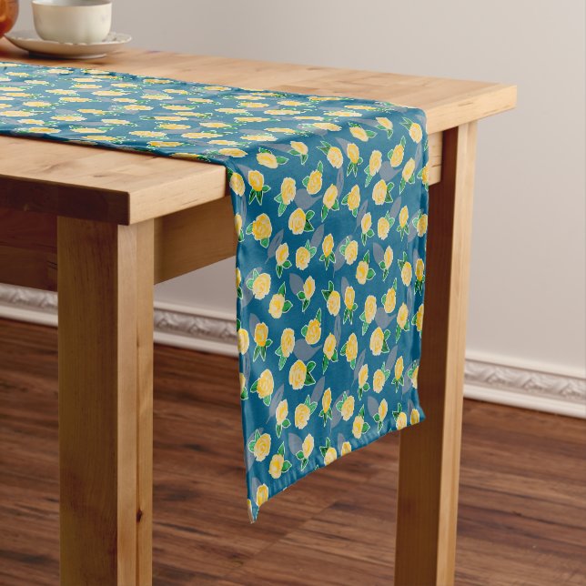 Yellow Floral Rose on blue Short Table Runner (In Situ)