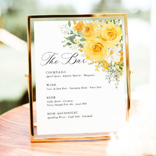 Yellow Floral Rose Wedding Bar Menu Pedestal Sign