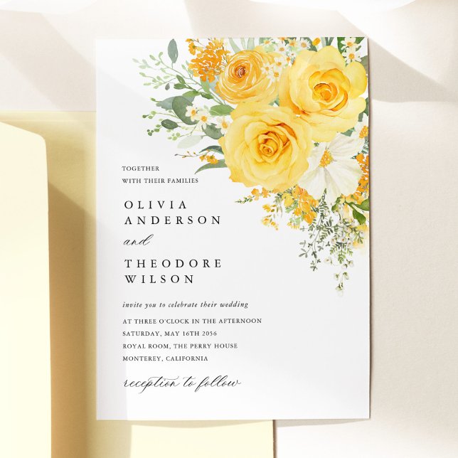 Yellow Floral Rose Wedding Invitation (Yellow floral rose wedding invitation, watercolor yellow roses, elegant spring garden stationery)