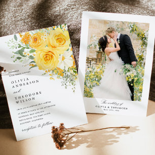Yellow Floral Rose Wedding Photo Back Invitation