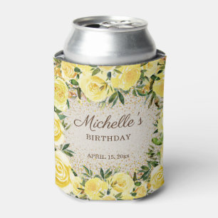 Yellow Floral Roses Gold Glitter Birthday Name Can Cooler