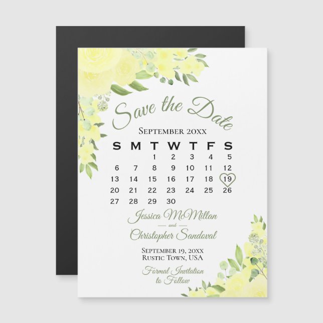 Yellow Floral Roses Save the Date Calendar Magnet (Front/Back)